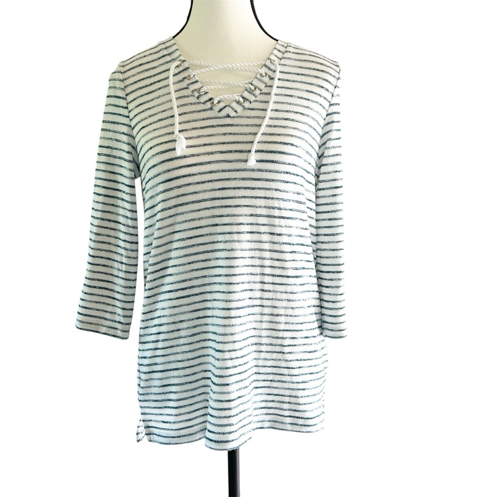 FDJ French Dressing Jeans Top Size XS White & Blue Nautical Stripes 3/4 Sleeves
